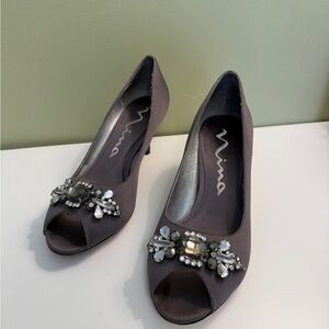 Nina Women's Charcoal Embellished Peep Toe Heels